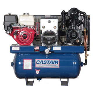 13 HP - 19.7 CFM @ 175 PSI - Honda GX390 - Cast Iron 808 RPM Pump - 30 Gallon Horizontal - Two Stage - Piston - Gas Air Compressor