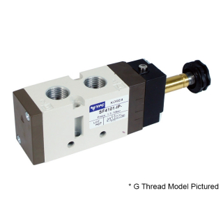 5/2 Single - 1/4" NPT - Air + Spring Return - Internal Pilot - Push Override & 3 Pin Coil - Normal - AC 220V - Solenoid Valve & Coil